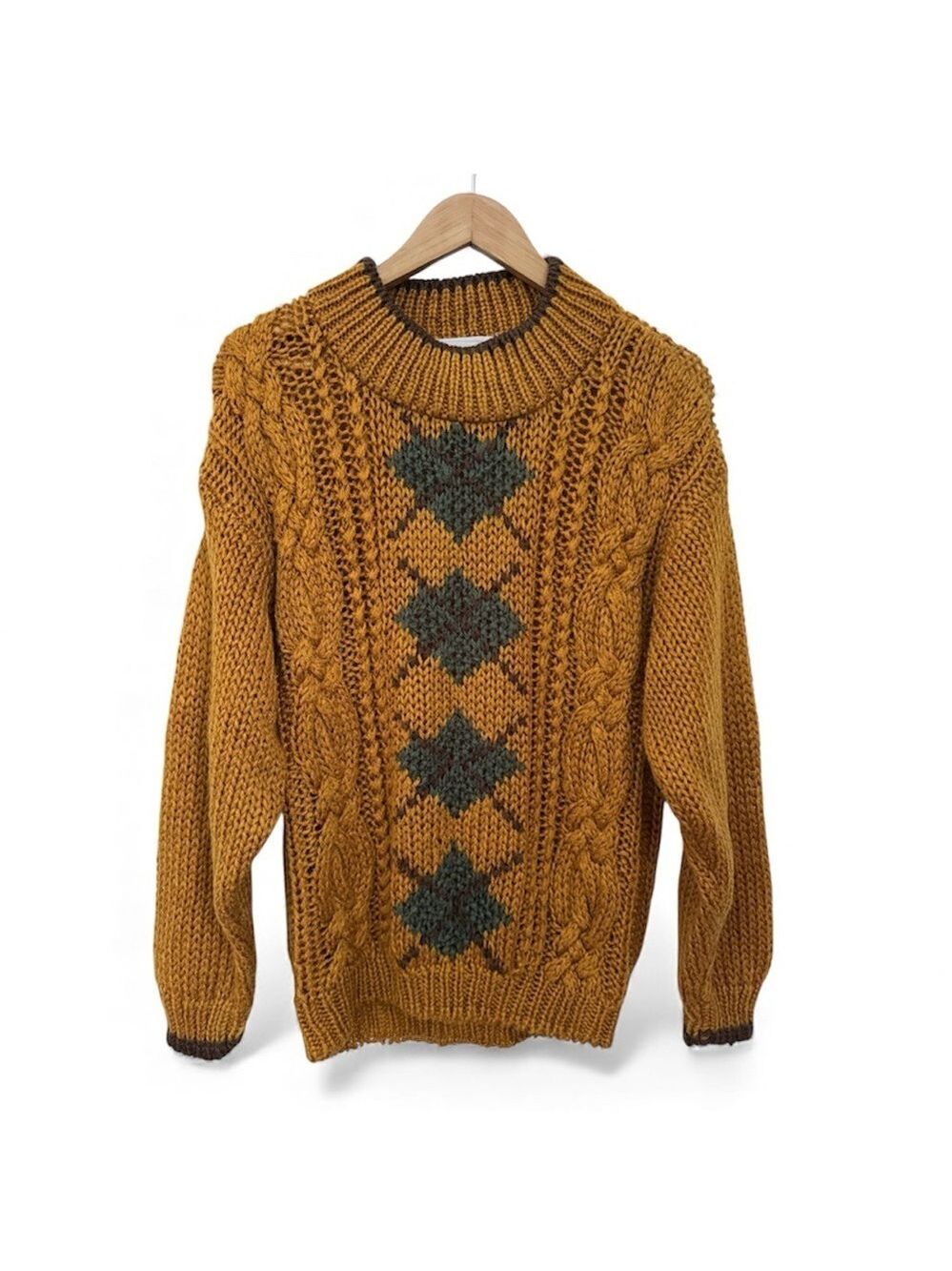 Vintage 80s Chunky Knit Sweater Cable Argyle Mustard